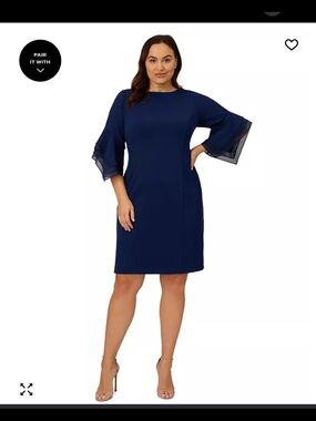 Adrianna Papell Navy Midi Dress with Sheer Bell Sleeves